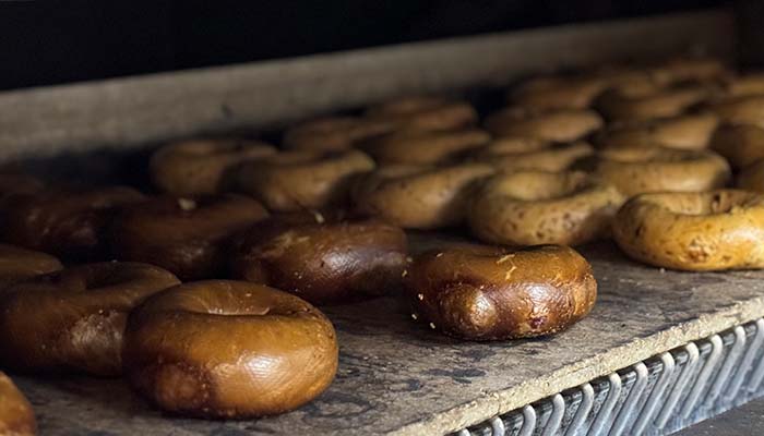 Sheet of fresh baked Moe's Broadway Bagels hot out of the oven