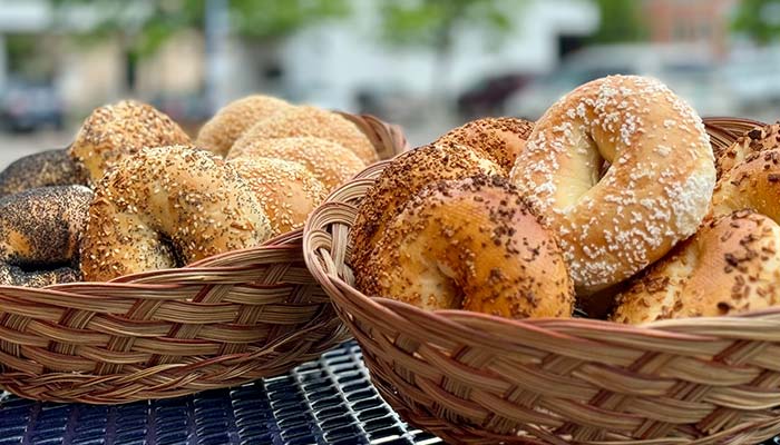 Basket of fresh baked bagels served at Moe's Broadway Bagel in Denver