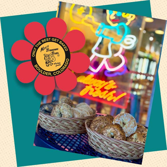 Basket of Moe's Broadway fresh baked Bagels served in Geo City