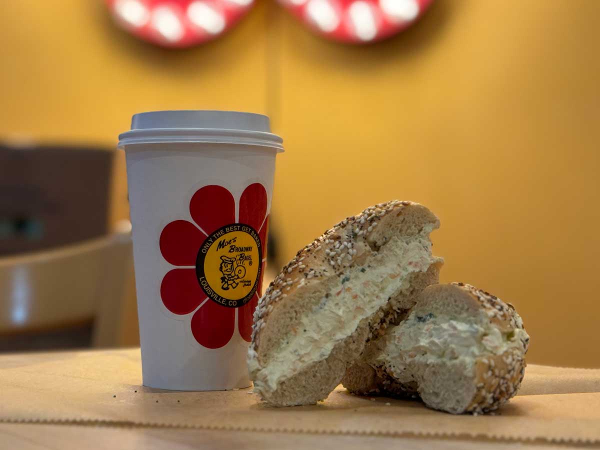 Moe's Broadway Bagel with cream cheese and Moe Joe coffee